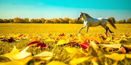 White horse runs through an autumn field filled with golden and red leaves, showing the beauty of...