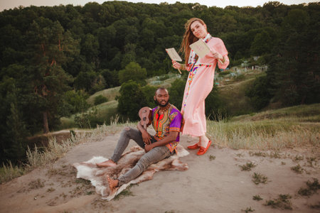 closeup portrait of a woman and manの写真素材