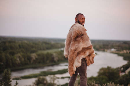 portrait of african american man in fursの写真素材