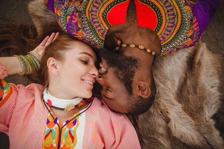 closeup portrait of a woman and manの写真素材