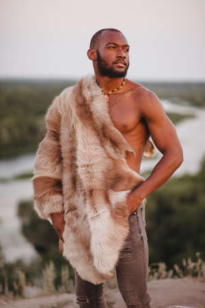 portrait of african american man in fursの写真素材