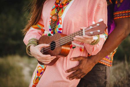 closeup portrait of a woman and manの写真素材