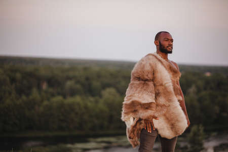 portrait of african american man in fursの写真素材