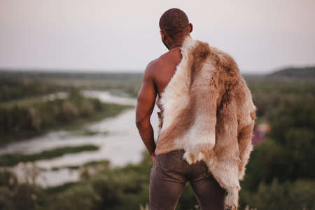 portrait of african american man in fursの写真素材