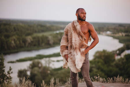 portrait of african american man in fursの写真素材