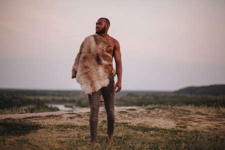 portrait of african american man in fursの写真素材