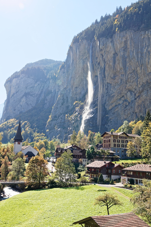 View of Staubbachfall waterfall from train heading for Kleine Scheidegg, Jungfrau Region, Switzerlandの写真素材