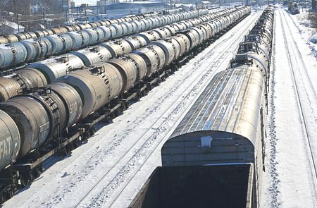 the trains on the railway in the winter timeのeditorial素材