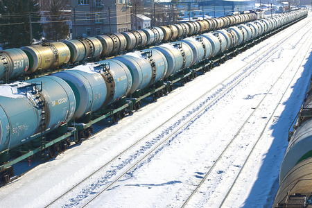 the trains on the railway in the winter timeのeditorial素材
