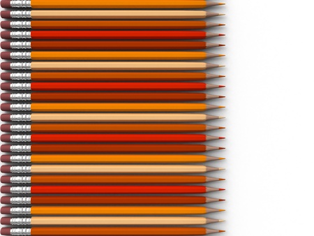 A line of orange pencils on a white back ground with a slight shadowの写真素材