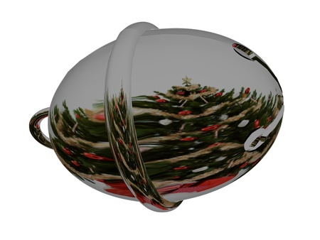 Sleigh bell with a reflextion of a christmas tree on white back groundの写真素材