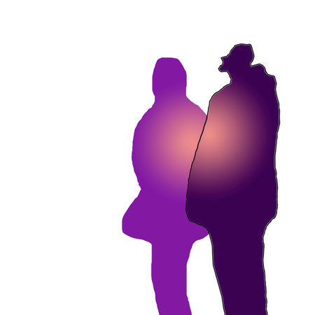 Abstract silhouettes of a man and a woman in love. Digital pattern in pink-purple gradient with a peach circle in the middle as a symbol of tenderness. Creative design for a cute Valentine's Day decorの写真素材