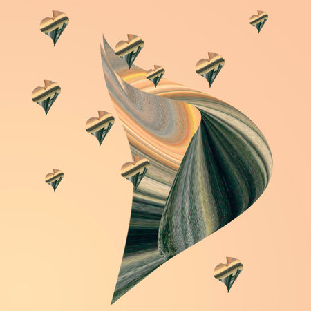 Geometric pattern with little flying shapes in a thin stripe on the peach background. Stylized soft shopping bag and rolled-up heart for wedding and valentine. Creative print in natural desert colors.の写真素材
