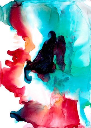 Abstract wallpaper in fluid art technique for modern design. Colorful shining translucent clouds of magic smoke. A powerful azure-crimson explosion. Exotic background for awakening and mental health.の写真素材