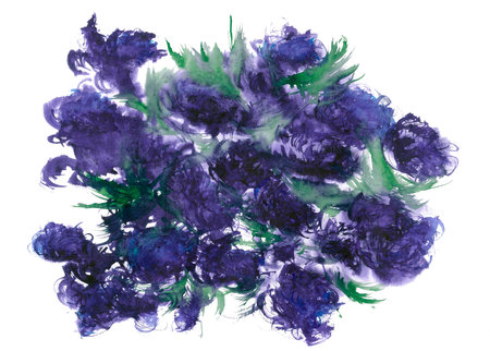 Isolated image of lush purple flowers. Luxury floral wallpaper for a good mood and summer atmosphere. Cozy watercolor illustration for greeting cards, wedding invitations and festive moments in life.の写真素材