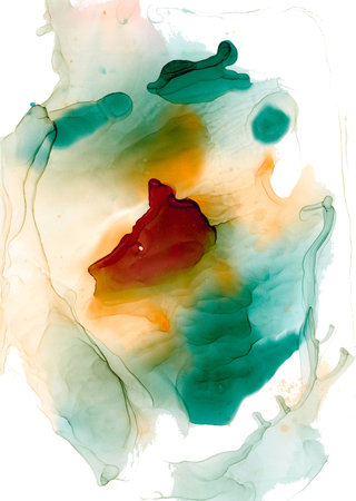 An orange-emerald smoky sea with silhouettes of floating animals or people. Translucent ink cloud....
