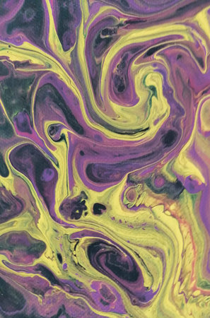 Abstract background of acrylic paint in yellow, purple and pink tones.