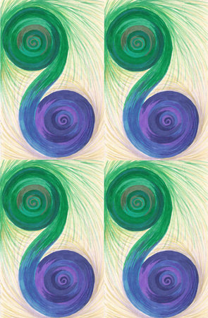 Colored spiral swirling pattern of two balls in shades of blue and green with purple and brown...