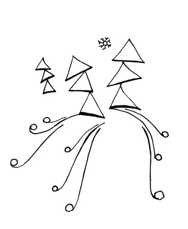 Abstract geometric winter pattern. Graphic handmade illustration. Stylized landscape with wind curls with snowflakes and Christmas trees made of triangles. New Year wallpaper in a simple flat style.の写真素材