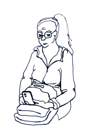 A preoccupied woman with glasses and long hair gathered in a ponytail sitting with a backpack on her lap and a mobile phone in her hands. Digital image in one-line style. Funny female portrait sketch.の写真素材