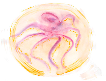 Handmade watercolor oval stamp with cartoon image of a funny octopus. Stylized colorful animalistic pattern in a round frame. Cute logo with a totem animal. Bright unusual print in fashionable colors.の写真素材