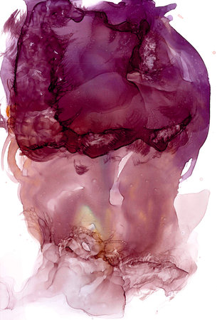 A large volumetric translucent oval lump of mucus, similar to a fantastic mushroom or an exotic tropical jellyfish. Strange abstract pattern in fluid art tech. Isolated image in a burgundy gradient.の写真素材