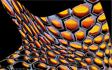 Solar honeycombs flowing down from above. A vivid digital illusion. Stylized fire dragon scales....