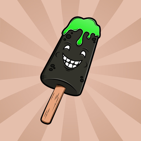 Black funny ice-cream with green stuff on retro backgroundのイラスト素材