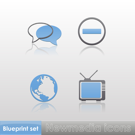 Simple blue-grey new media  globe, tv, stop sign, talk  icons with reflection isolated on neutral background  Vector illustration  Web elements のイラスト素材