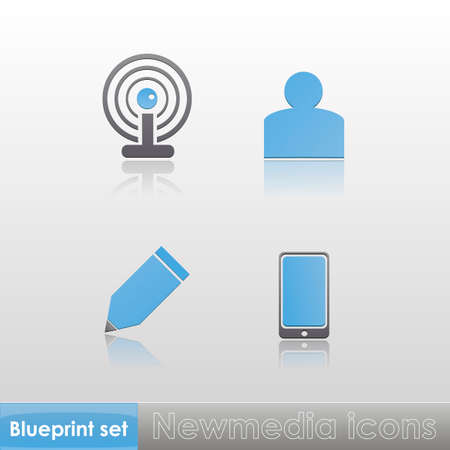 Simple blue-grey new media  wi-fi, member, write, phone  icons with reflection isolated on neutral background  Vector illustration  Web elements のイラスト素材