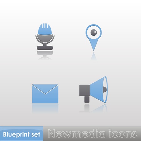Simple blue-grey new media  microphone, gps, message, loudspeaker  icons with reflection isolated on neutral background  Vector illustration  Web elements のイラスト素材