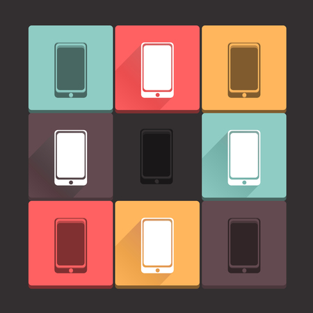 Beautiful, pure cell icon set  Simple, flat square shape internet buttons on dark background  Long shadow and stamp  Contemporary modern style  Vector illustration, web design elements のイラスト素材