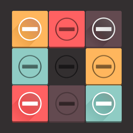 Beautiful, pure stop sign icon set  Simple, flat square shape internet buttons on dark background  Long shadow and stamp  Contemporary modern style  Vector illustration, web design elements のイラスト素材