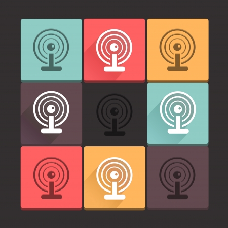 Beautiful, pure wi-fi icon set  Simple, flat square shape internet buttons on dark background  Long shadow and stamp  Contemporary modern style  Vector illustration, web design elements のイラスト素材