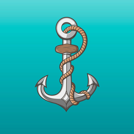 Nautical iron anchor with rope isolated on aqua background  Vector Illustrationのイラスト素材