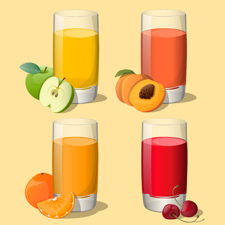 Set of juices in glass  apple ,orange, peach, cherry  isolated on beige background  Vector Illustration  All objects are in groups and easy to use のイラスト素材