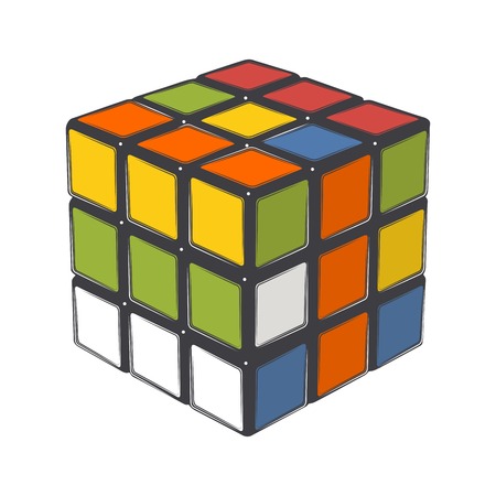 Rubik\'s cube isolated on a white background. Color line art. Modern design. Vector illustration.のeditorial素材