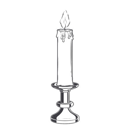 Burning old candle and vintage candlestick isolated on a white background. のイラスト素材