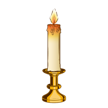 Burning old candle and vintage brass candlestick isolated on a white background. のイラスト素材