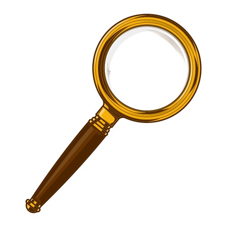 Brass magnifying glass with wooden handle isolated on a white background.のイラスト素材