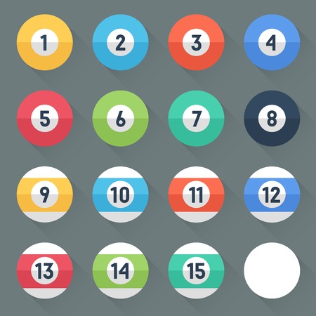 Colored Pool Balls. Numbers 1 to 15 and zero ball. Flat style with long shadows. Modern trendy design. Vector illustration.のイラスト素材