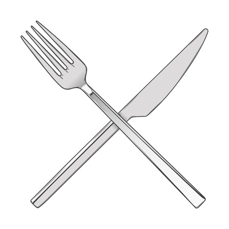 Crossed Fork and Knife isolated on a white background. Cutlery concept. Colored hand drawn line art. Retro design. Vector illustration.のイラスト素材
