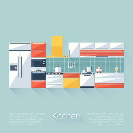 Kitchen Cover with Fridge, Stove, Dishwasher, Toaster and Microwave. Flat style with long shadows. Modern trendy design. Vector illustration.のイラスト素材