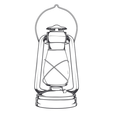 Antique Old Kerosene Lamp isolated on a white background. Monochromatic line art. Retro design. Vector illustration.のイラスト素材