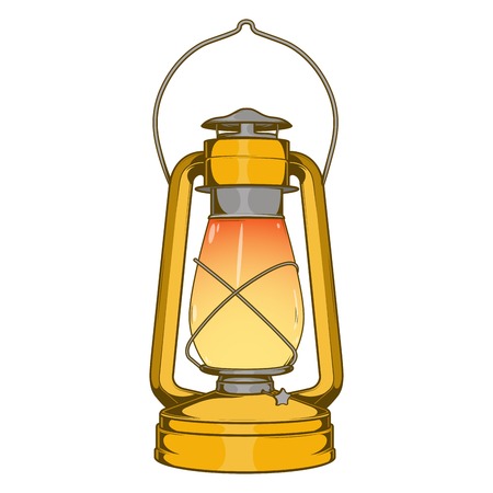Antique Brass Old Kerosene Lamp isolated on a white background. Colored line art. Retro design. Vector illustration.のイラスト素材