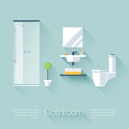 Bathroom Cover with Shower, Sink and Toilet. Flat style with long shadows. Modern trendy design. Vector illustration.のイラスト素材