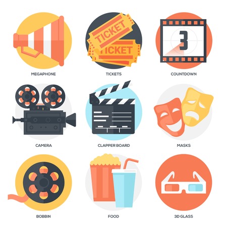 Cinema Icons Set (Megaphone, Tickets, Countdown, Camera, Clapper Board, Masks, Bobbin, Popcorn and Drink, 3D Glass). Flat Style with Long Shadows. Clean Design. Vector Illustration.のイラスト素材