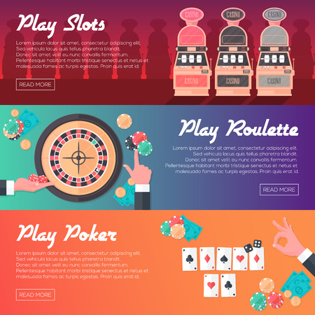 Casino Horizontal Banner Set Slot Machine Poker and Roulette. Flat Style. Clean Design. Vector Illustration.のイラスト素材