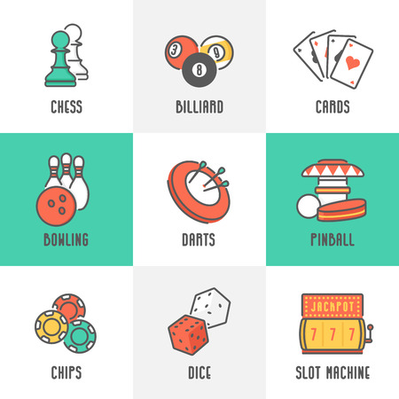Casino Sport and Leisure Games Icons Chess, Billiard, Poker, Darts, Bowling, Gambling Chips, Pinball, Dice and Slot Machine. Trendy Line Design with Flat Elements. Vector Illustration.のイラスト素材
