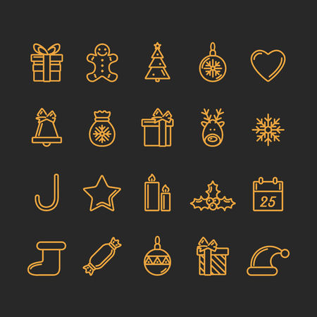 Set of Christmas Icons. Golden and Black Colours. Luxury Trendy Thin Line Design. Vector Illustration.のイラスト素材